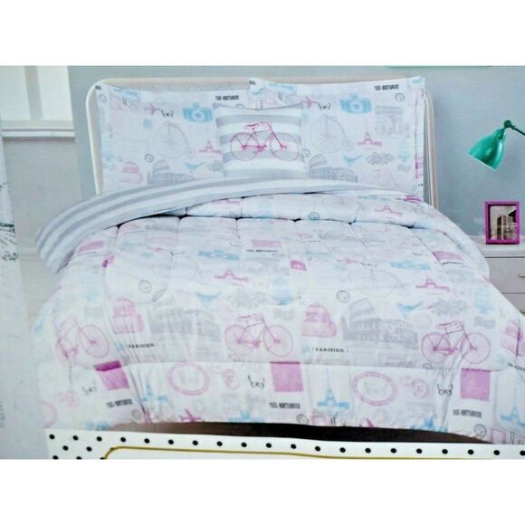 Chloe & Bella TWIN 3 Piece Comforter Set Paris Eiffel Tower Bicycle Pink Blue - Picture 1 of 12